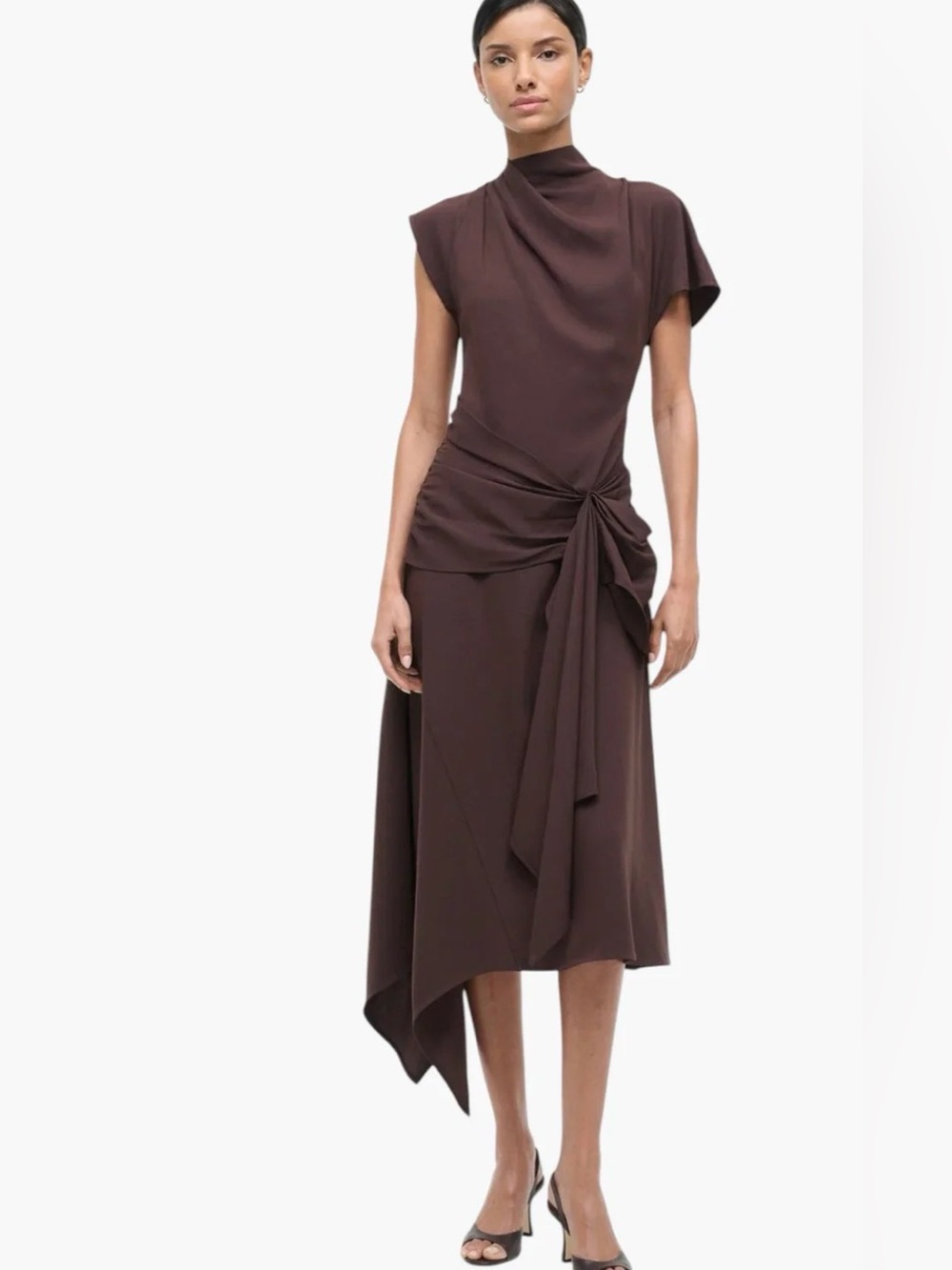 STAUD Devina Asymmetrical Draped Midi Dress in the color earth - Picture 2 of 9